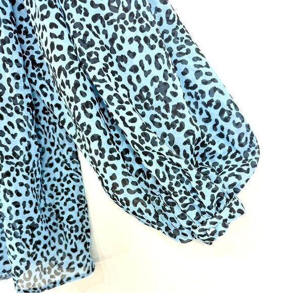 ASOS Blue Black Cheetah Print Semi Sheer Oversized Puff Sleeve Flowy Poet Blouse - Picture 8 of 16